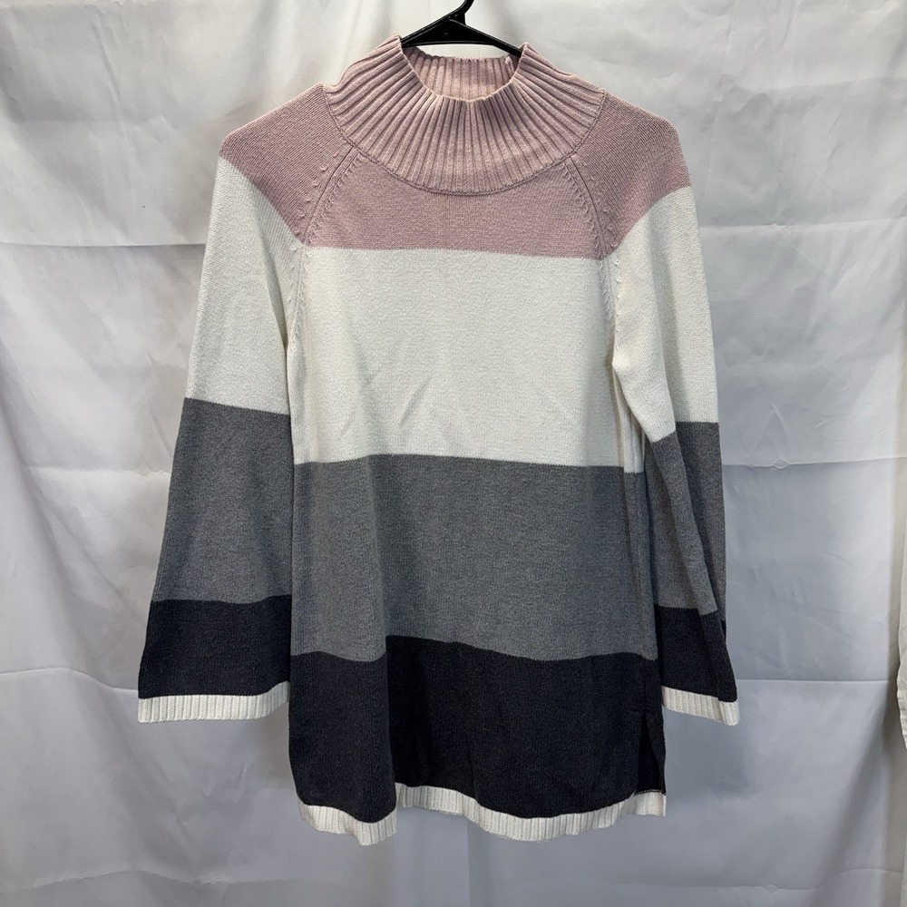 Charter Club Small Pink White Gray Color Block Stripe Mock Neck Sweater Cozy Cas